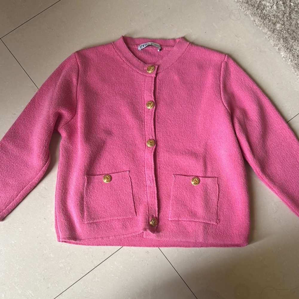 Pink Cardigan with Gold Buttons
